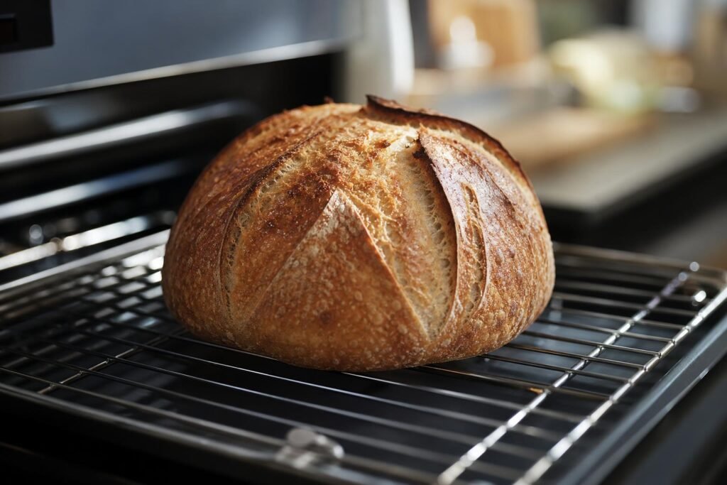 Pain maison doré à la croûte grignée, posé sur une grille à la sortie du four