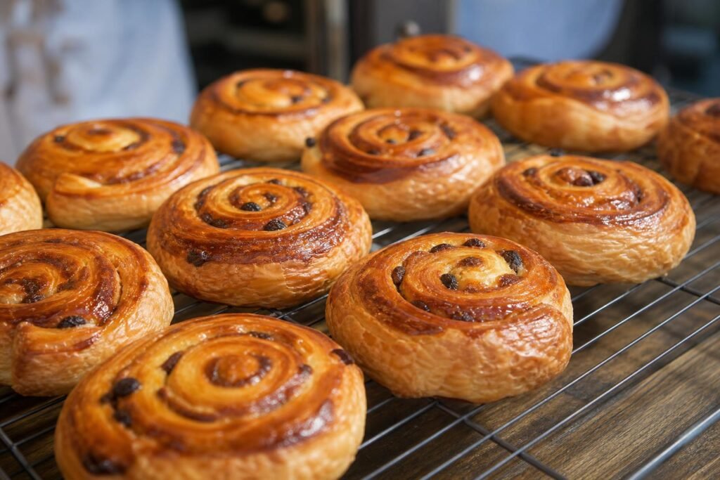 Pains aux raisins feuilletés en spirale, dorés et nappés, sur une grille de boulangerie