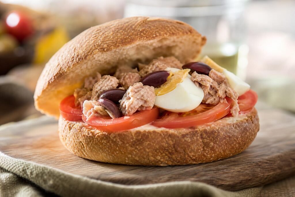 Pan bagnat niçois ouvert sur un pain rond, garni de tomates, thon, œuf dur et olives