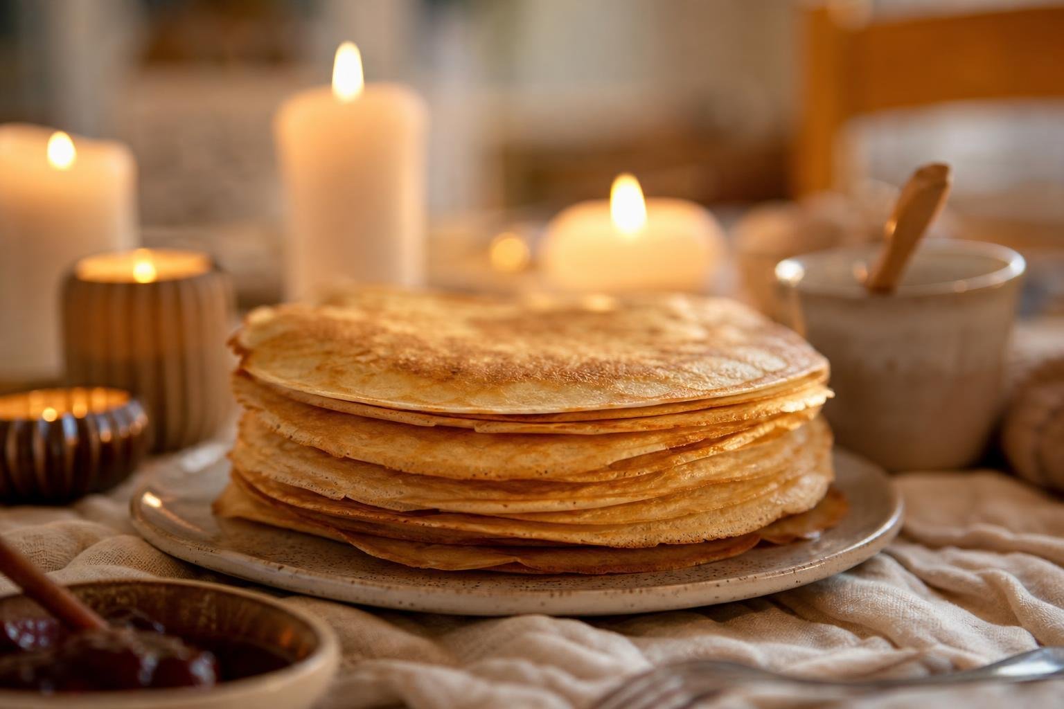 Pile de crêpes dorées sur une table éclairée à la bougie pour la Chandeleur