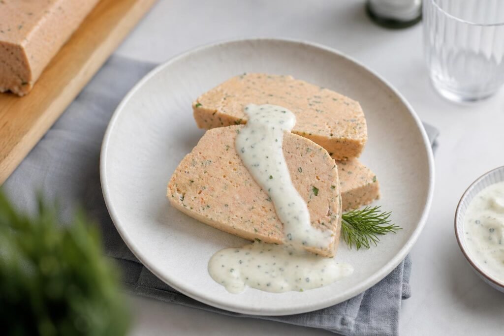 Tranches de pain de poisson rosé servies froides avec une sauce