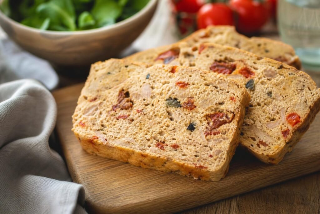Tranches de pain de thon à la tomate servies froides sur une planche