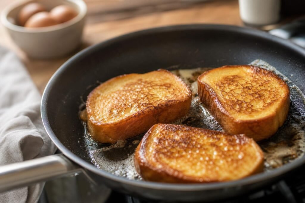 Tranches de pain perdu dorées et caramélisées dans une poêle beurrée