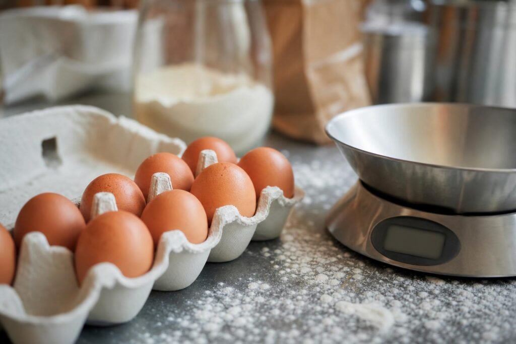 Œufs frais dans leur boîte posés sur un plan de travail fariné, à côté d'une balance de cuisine
