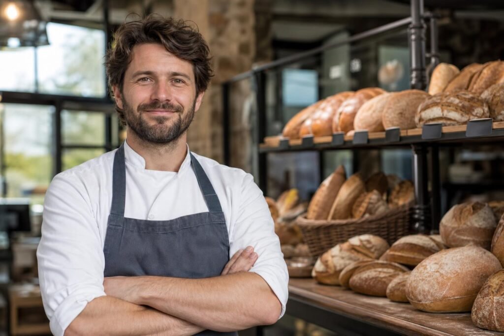 Un artisan boulanger devant les pains de sa boutique