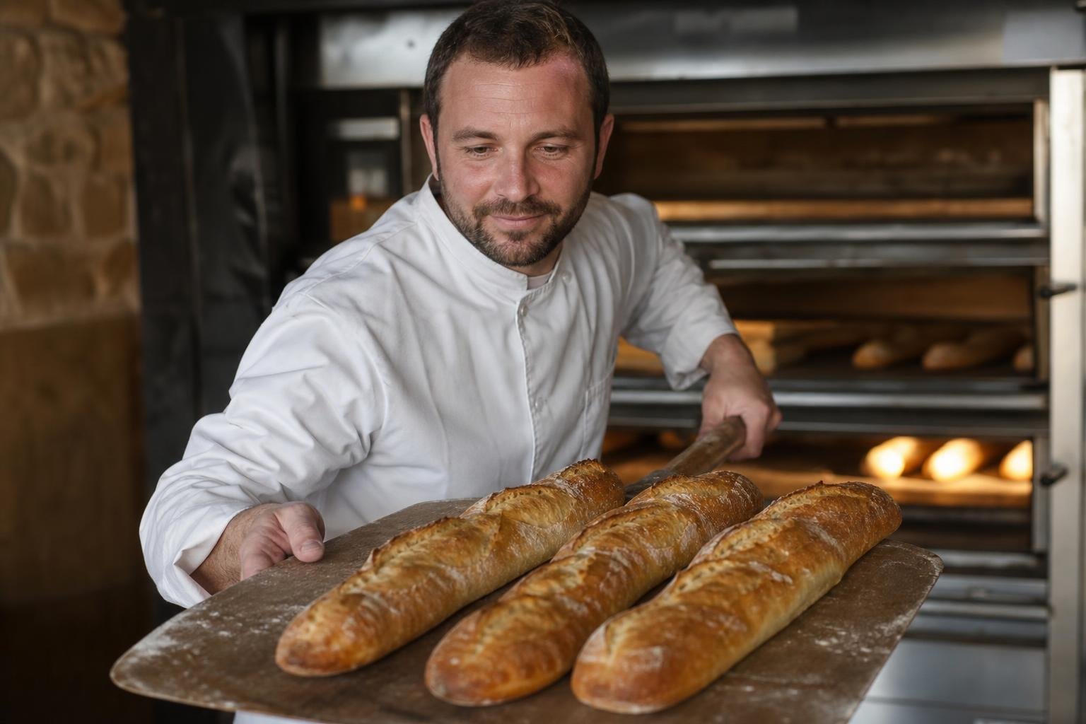 Un artisan boulanger présente ses baguettes de tradition à la sortie du four