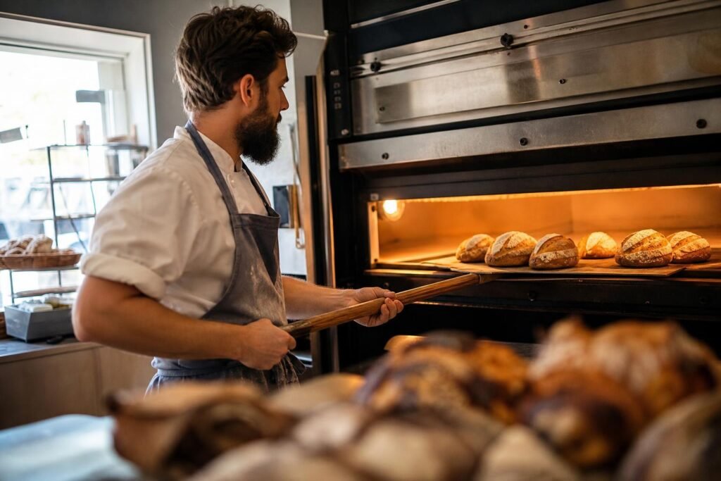 Un boulanger au travail devant son four, pains en cours de cuisson